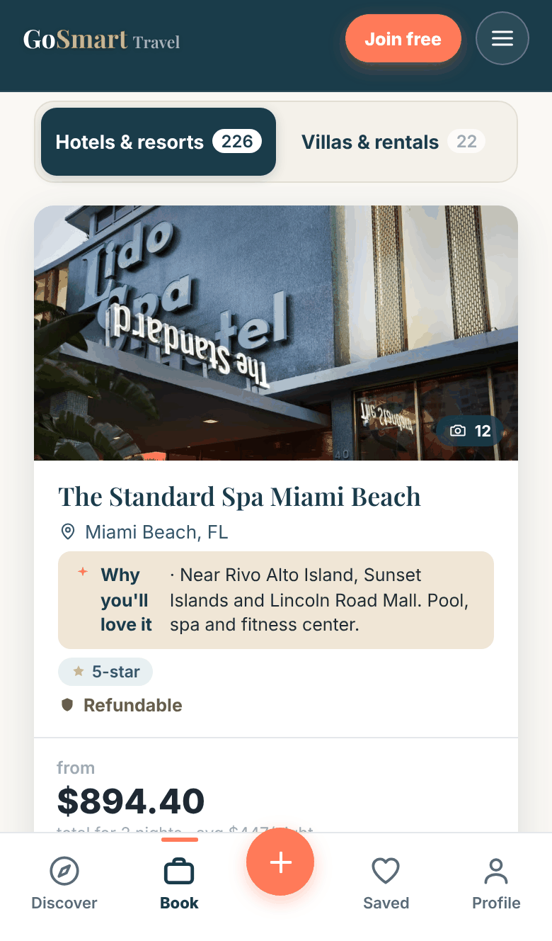GoSmart on a phone: a Miami Beach hotel with its live price for two nights