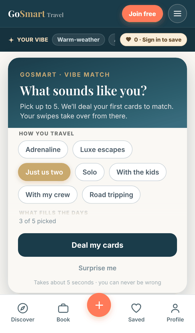 Vibe Match on a phone: pick the moods that sound like you, then swipe