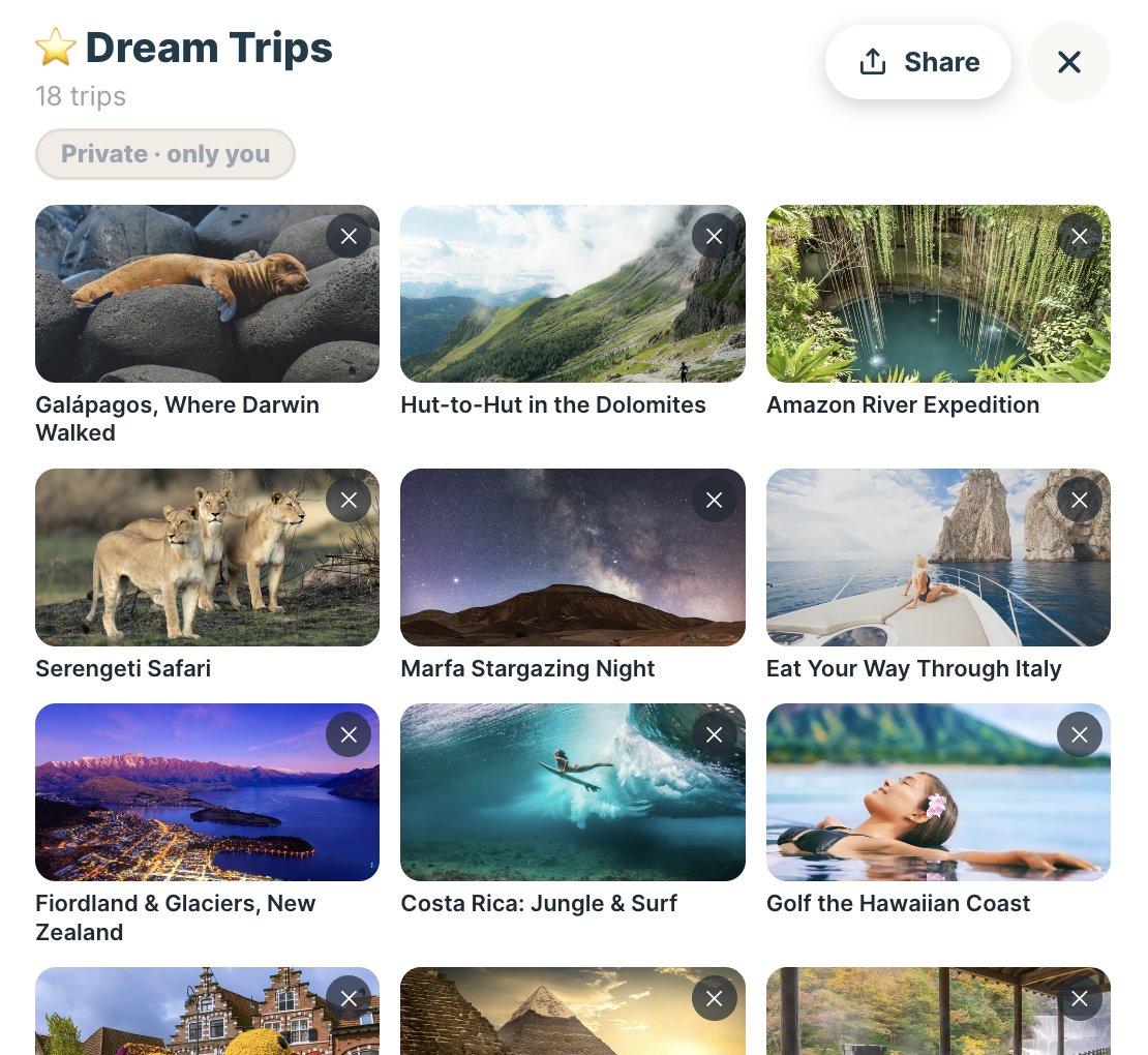 A GoSmart trip board with saved trips