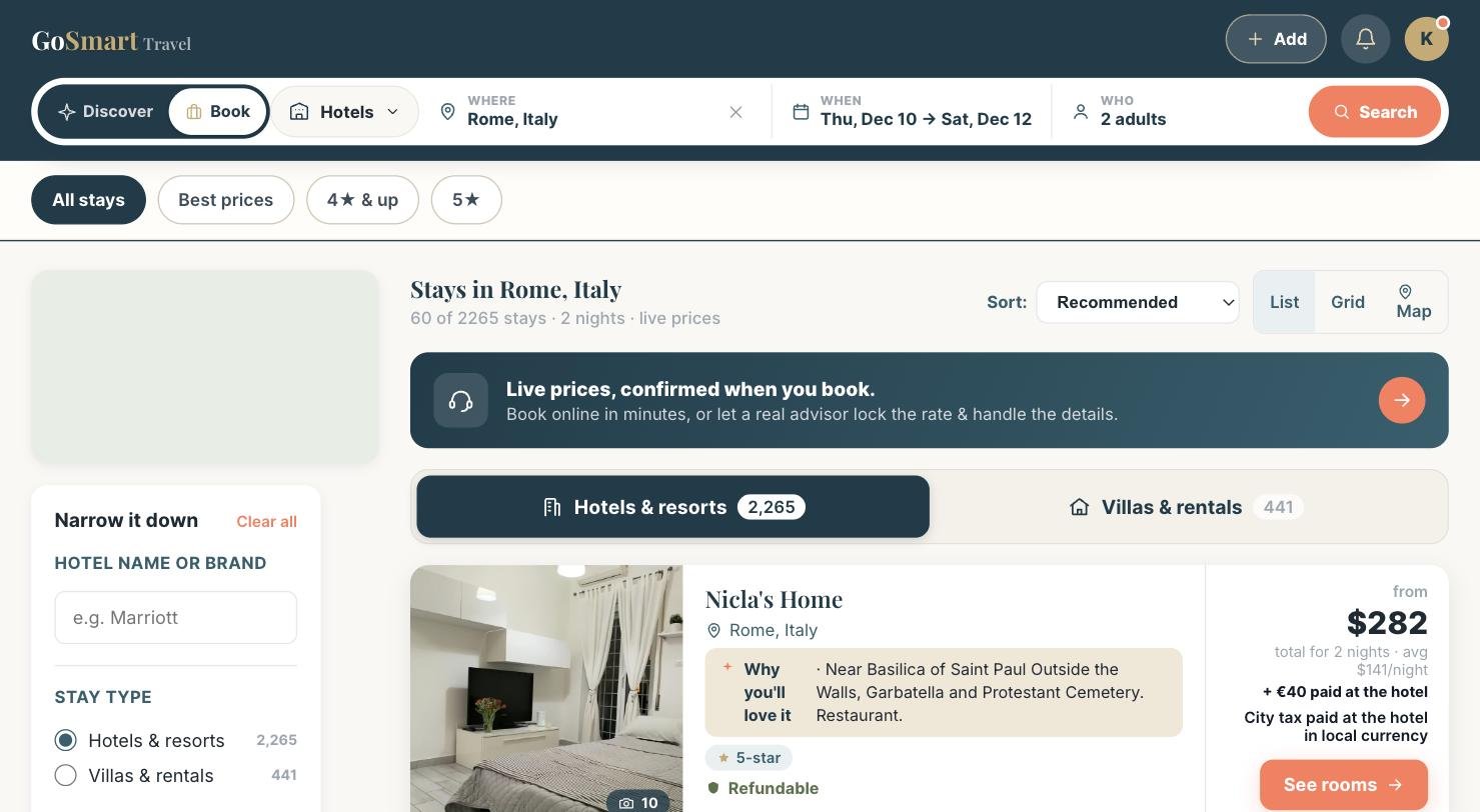Live hotel prices in Rome inside GoSmart