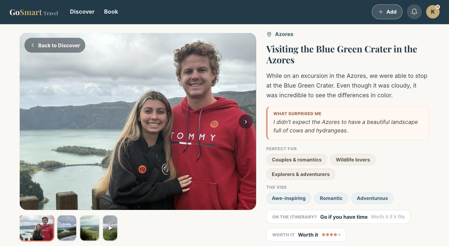 A member's Azores post on GoSmart, with vibe tags and a worth-it rating